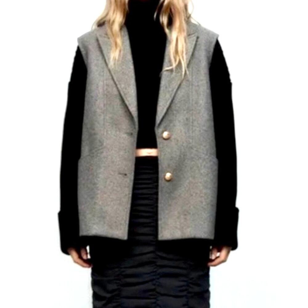 Zara Sleeveless Gray‎ Wool Blend Vest Coat